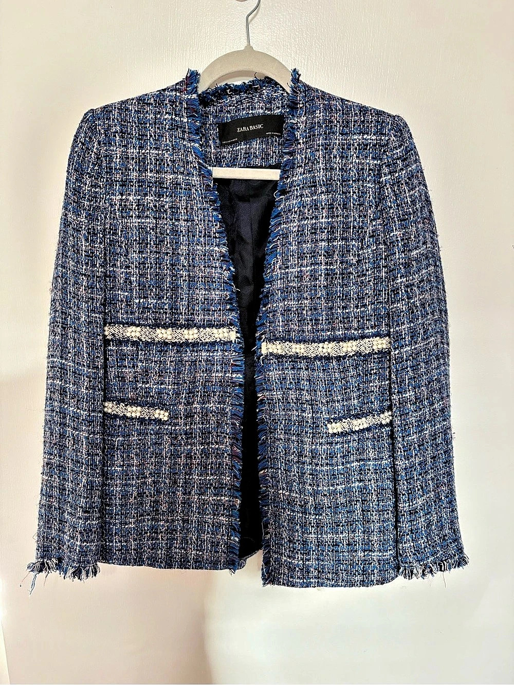 Zara Basic Blue Tweed Pearl Trim Jacket Blazer in Blue & White Medium